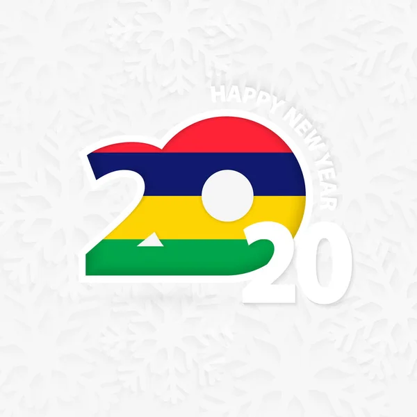 Gott nytt år 2020 för Mauritius på snöflinga bakgrund — Stock vektor