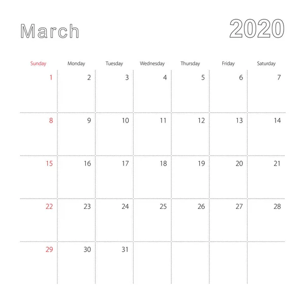 Calendario de pared simple para marzo de 2020 con líneas de puntos. El calendario está en Inglés, la semana comienza desde el domingo . — Archivo Imágenes Vectoriales