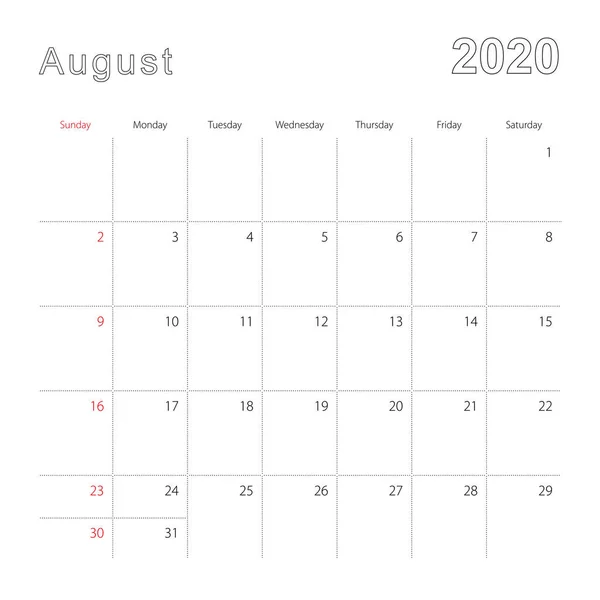 点線で2020年8月のシンプルな壁のカレンダー。カレンダーは英語で、週は日曜日から始まります. — ストックベクタ
