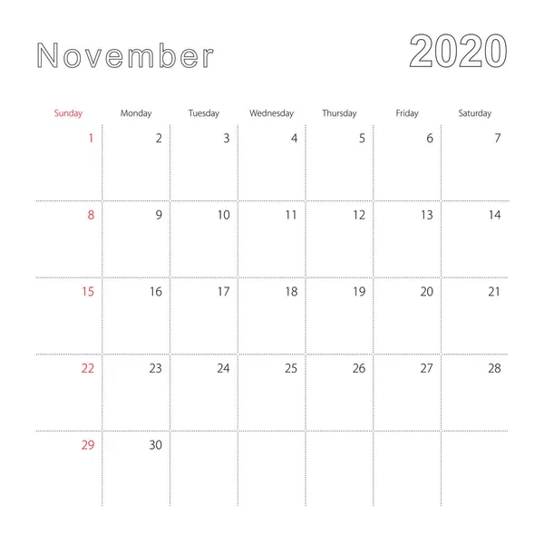 Semplice calendario da parete per novembre 2020 con linee tratteggiate. Il calendario è in inglese, inizio settimana da domenica . — Vettoriale Stock