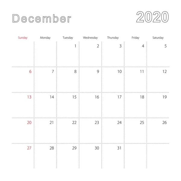 Egyszerű falinaptár 2020 decemberére, pontozott vonalakkal. A naptár angol nyelven van, a hét vasárnaptól indul.. — Stock Vector