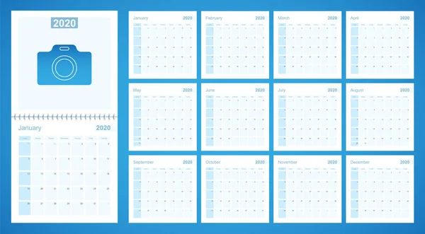 2020 planer ścienny w kolorze niebieskim, tydzień zaczyna się w niedzielę. — Wektor stockowy