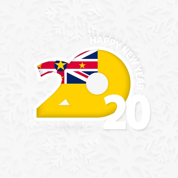 Feliz Año Nuevo 2020 con bandera de Niue sobre fondo de copo de nieve — Vector de stock