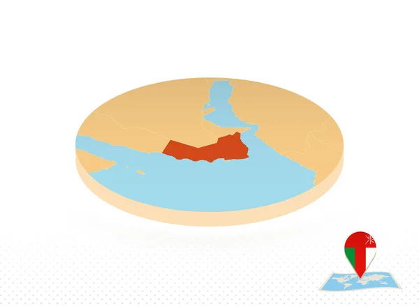 Ománská mapa navržená v izometrickém stylu, oranžová kruhová mapa. — Stockový vektor