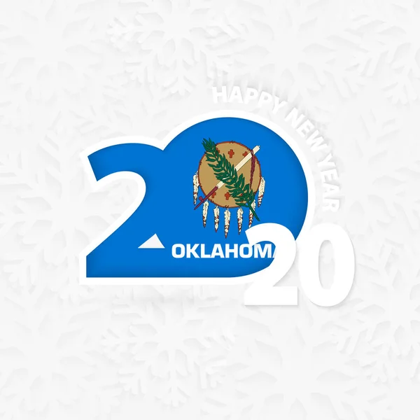 2020年新年快乐，降雪背景下的俄克拉荷马州国旗飘扬 — 图库矢量图片