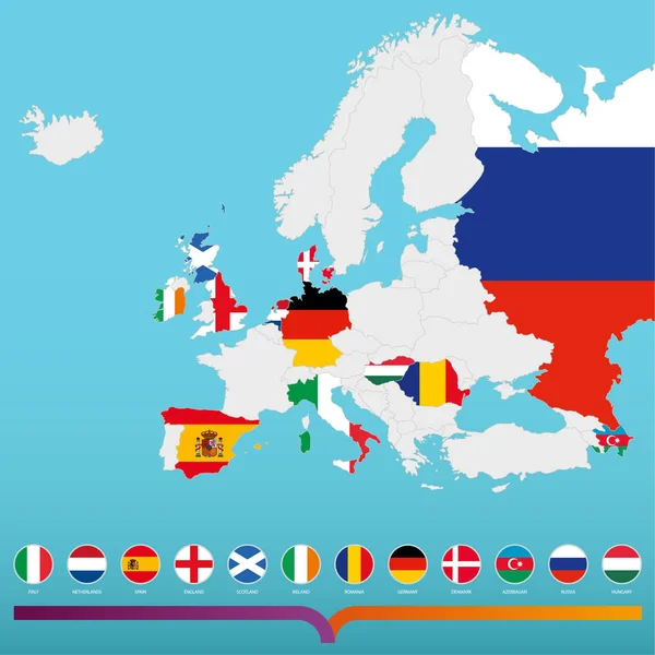 Mapa de Europa con los países anfitriones del torneo de fútbol destacado . — Archivo Imágenes Vectoriales