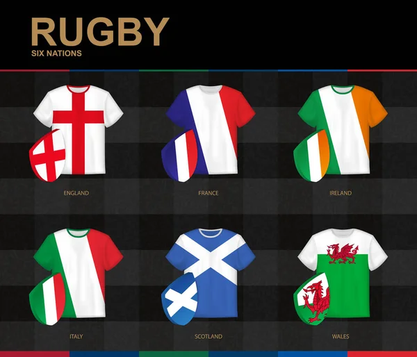 Jerseys de Rugby con bandera de los participantes del Campeonato de Rugby . — Vector de stock