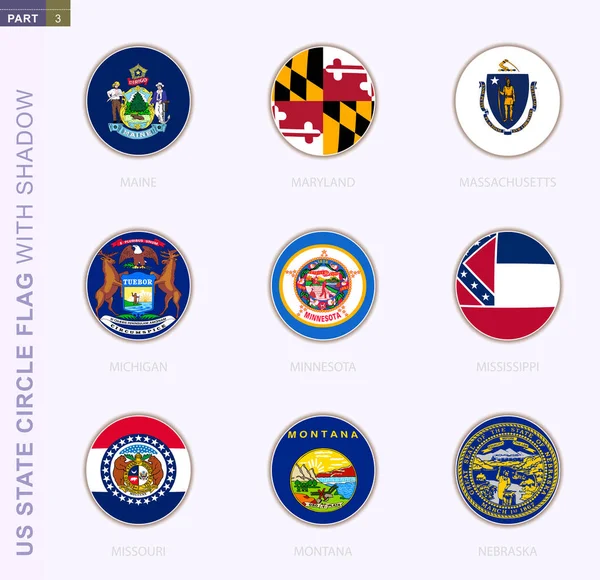 Bandera del círculo del estado de Estados Unidos con sombra, colección de nueve bandera redonda . — Vector de stock
