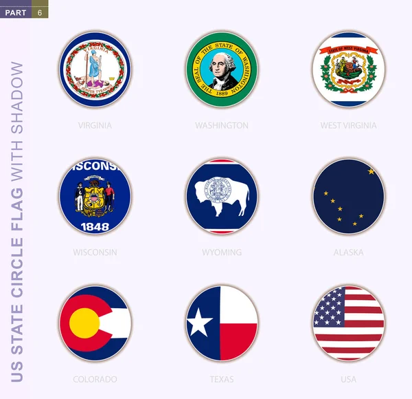 Bandeira do círculo de estado dos EUA com sombra, coleção de nove bandeiras redondas . —  Vetores de Stock