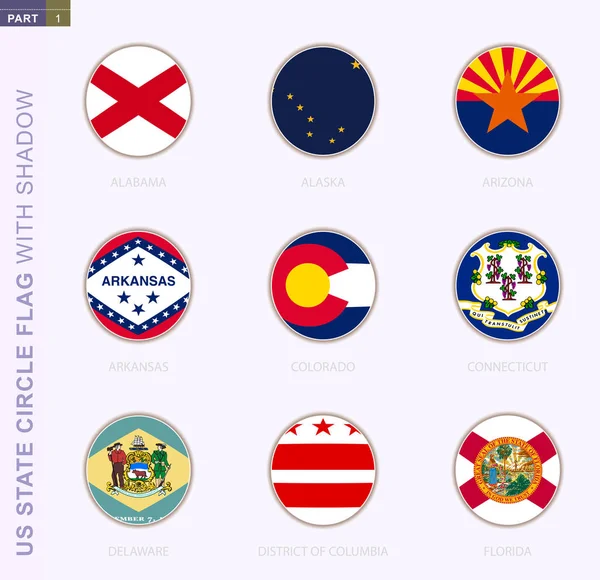Bandiera del cerchio di stato degli Stati Uniti con ombra, raccolta di nove bandiere rotonde . — Vettoriale Stock