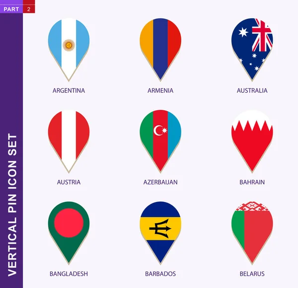 Dikey pin simgesi seti, 9 ülke bayrağı — Stok Vektör