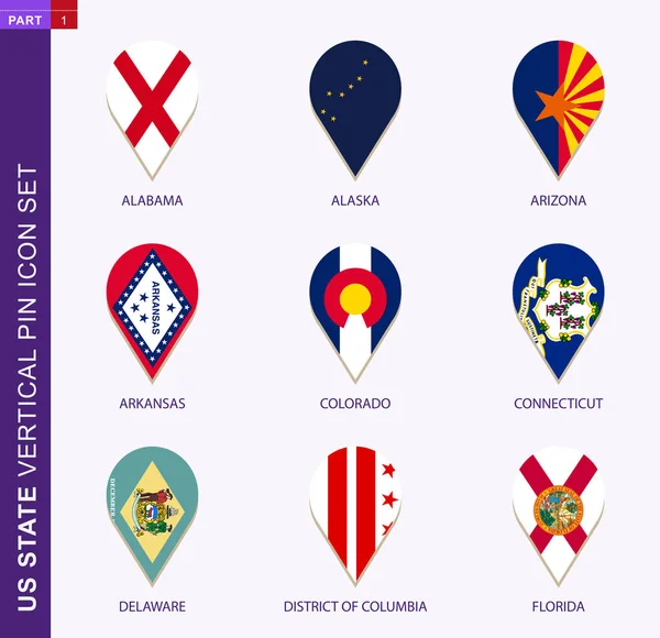 Conjunto de iconos de pin vertical, 9 US staes flag — Vector de stock