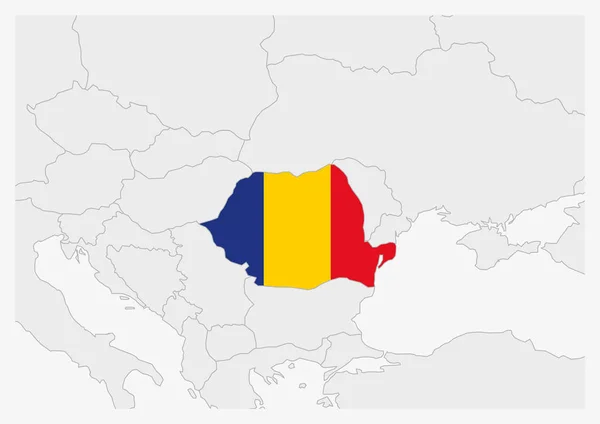 Roemenië kaart gemarkeerd in Roemenië vlag kleuren — Stockvector