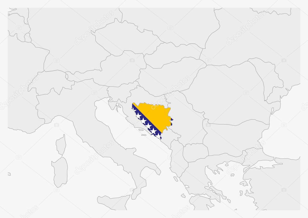 Bosnia and Herzegovina map highlighted in Bosnia and Herzegovina flag colors