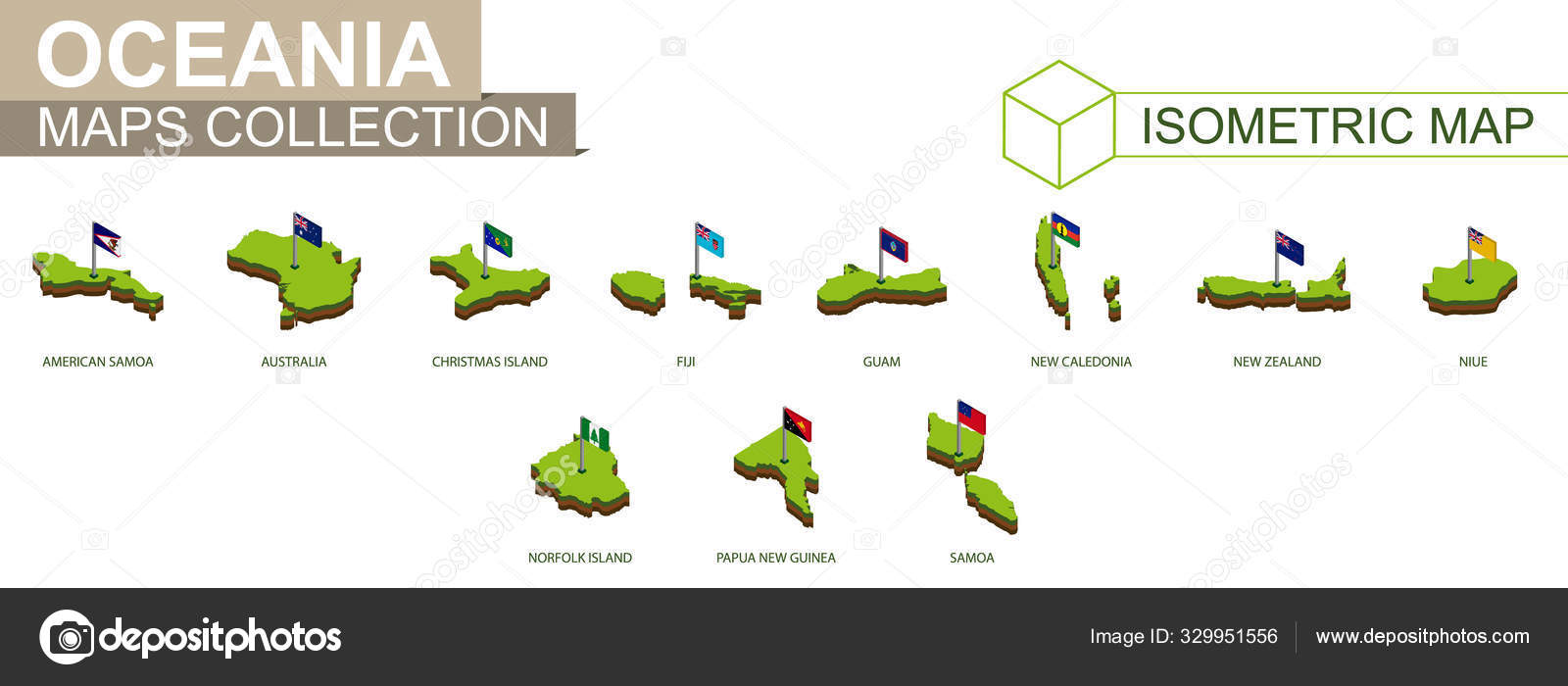 一套大洋洲国家等深线图和国旗. 图库矢量图©boldg 329951556, image size:1600x700