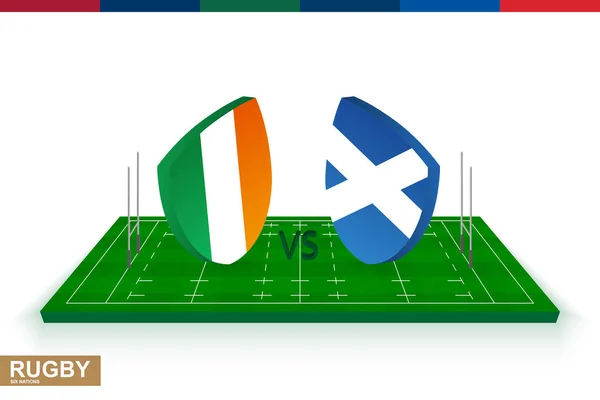 Equipo de rugby Irlanda vs Escocia en el campo de rugby verde . — Vector de stock