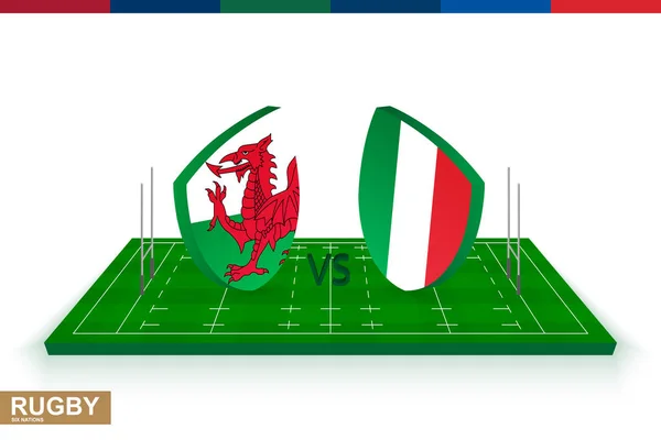 Equipo de rugby Gales vs Italia en el campo de rugby verde . — Vector de stock
