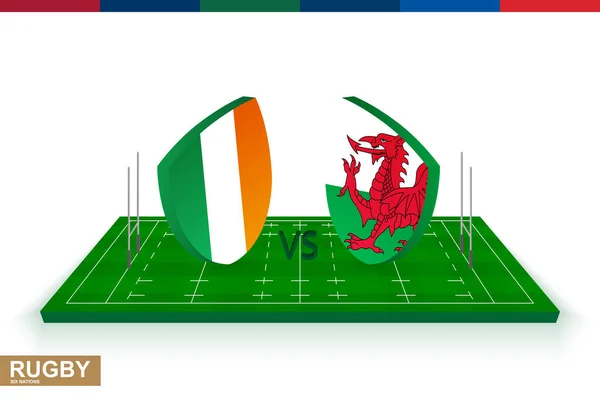 Equipo de rugby Irlanda vs Gales en el campo de rugby verde . — Vector de stock