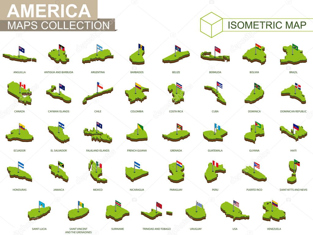 Set of American countries isometric map and flag.