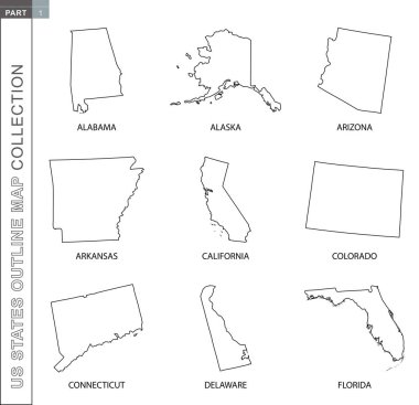 US devlet koleksiyonunun ana hatları, dokuz siyah çizgili vektör haritası 