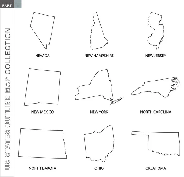 Obrysové mapy sbírky států USA, devět černých čar vektorové mapy — Stockový vektor