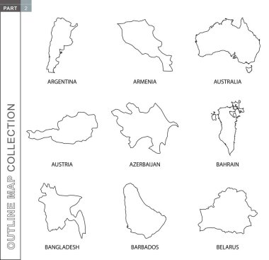 Outline maps collection, nine black lined vector map 