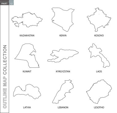 Outline maps collection, nine black lined vector map 
