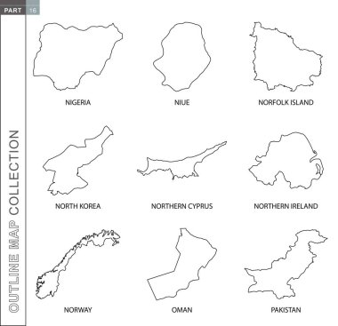 Outline maps collection, nine black lined vector map 