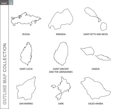 Outline maps collection, nine black lined vector map 