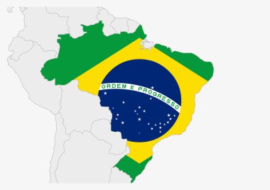 Brazil map highlighted in Brazil flag colors clipart