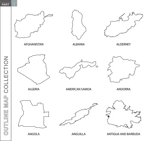 Outline maps collection, nine black lined vector map — Stock Vector