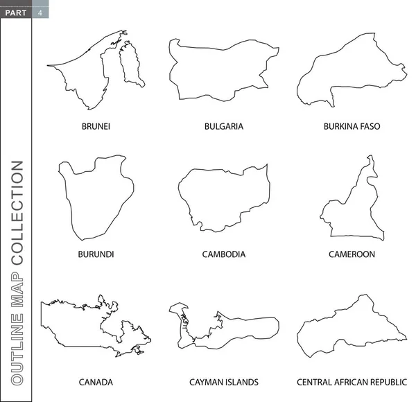 Outline maps collection, nine black lined vector map — 스톡 벡터