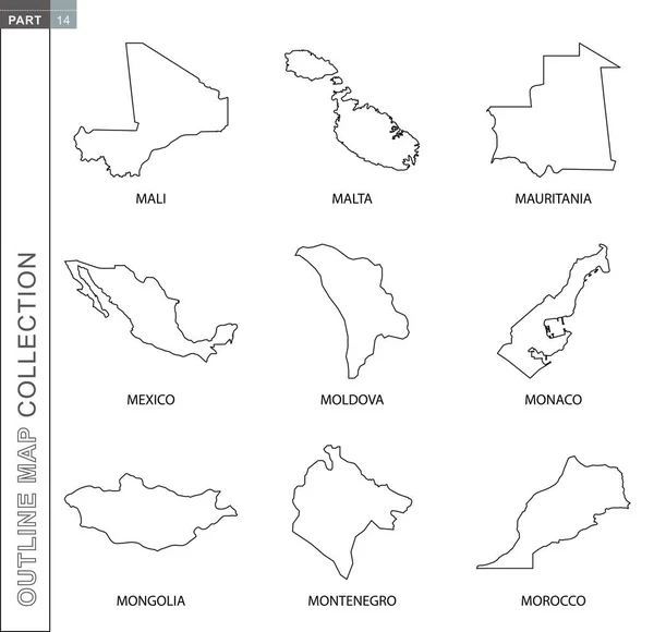 Esquema de mapas de colección, nueve negro alineado mapa vectorial — Vector de stock