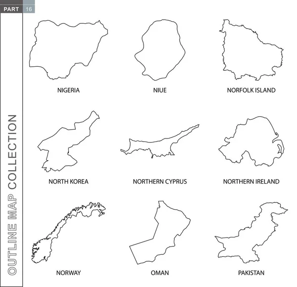 Outline maps collection, nine black lined vector map — Stock Vector