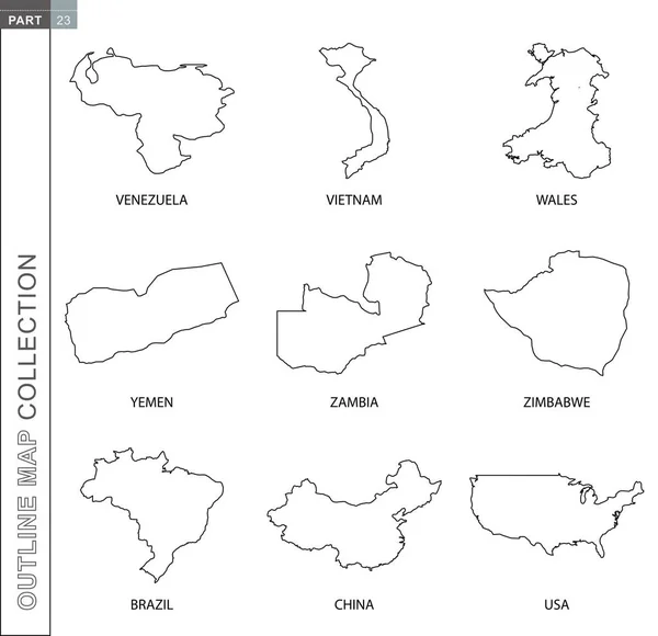 Esquema de mapas de colección, nueve negro alineado mapa vectorial — Archivo Imágenes Vectoriales