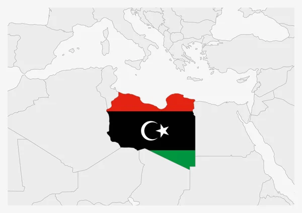 Libia mappa evidenziata in Libia colori bandiera — Vettoriale Stock