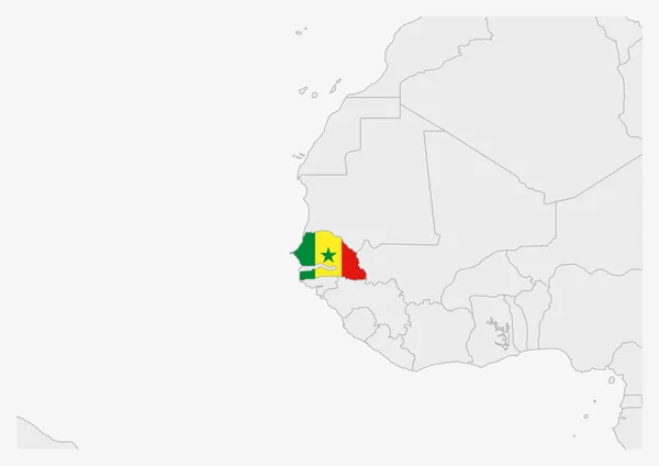 Carte du Sénégal en couleurs du drapeau sénégalais — Image vectorielle