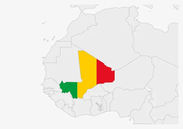 Carte du Mali surlignée en couleurs du drapeau malien — Image vectorielle