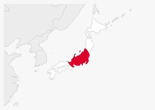 Mapa do Japão destacado nas cores da bandeira do Japão — Vetor de Stock