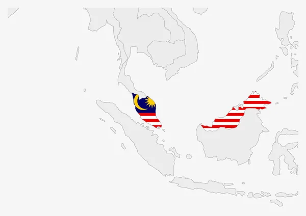 Mappa Malesia evidenziata nei colori della bandiera Malesia — Vettoriale Stock