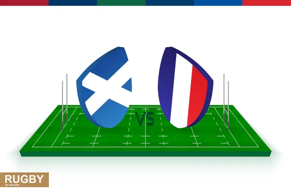 Equipo de rugby Escocia vs Francia en el campo de rugby verde . — Vector de stock