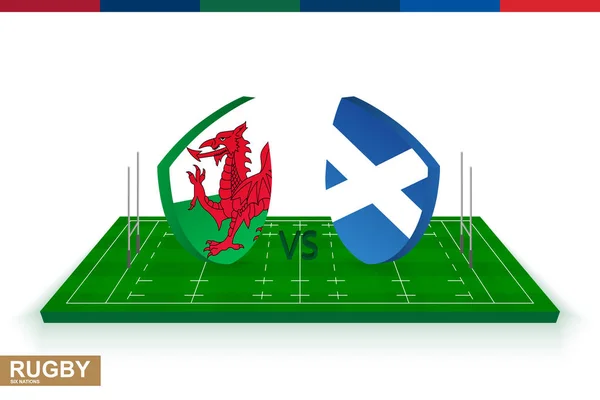 Equipo de rugby Gales vs Escocia en el campo de rugby verde . — Vector de stock