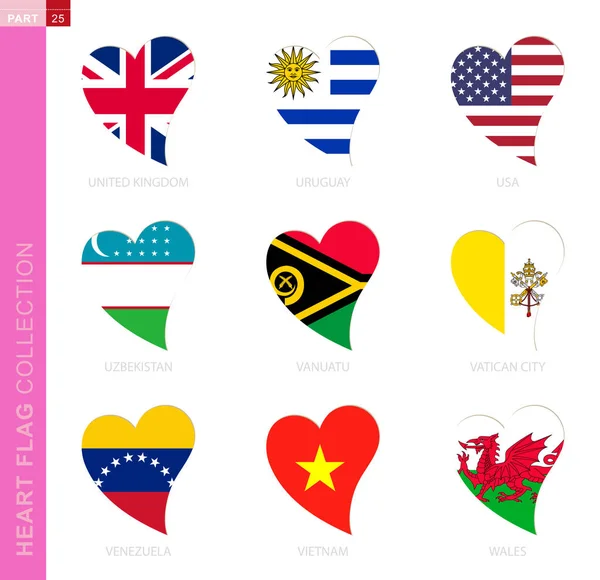 Collection of flags in the shape of a heart. — 스톡 벡터