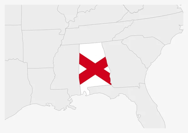 Nás stát Alabama mapa zvýrazněna v barvách vlajky Alabama — Stockový vektor