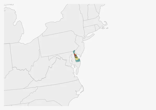 Stati Uniti Mappa Delaware evidenziata nei colori della bandiera Delaware — Vettoriale Stock