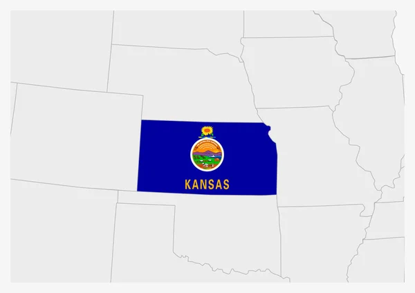 Nás stát Kansas mapa zvýrazněna v barvách vlajky Kansasu — Stockový vektor