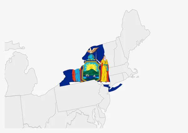 Oss stat New York karta markerad i New York flagga färger — Stock vektor