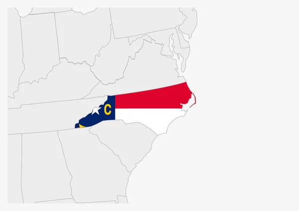 Mappa dello stato USA della Carolina del Nord evidenziata nei colori della bandiera della Carolina del Nord — Vettoriale Stock
