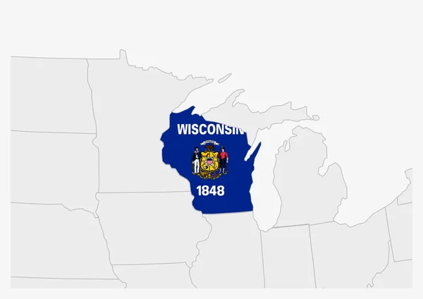 Nás stát Wisconsin mapa zvýrazněna v barvách vlajky Wisconsin — Stockový vektor