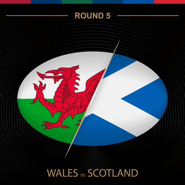 Gales vs Escocia en el Torneo de Rugby ronda 5, icono del rugby en forma de bola — Vector de stock